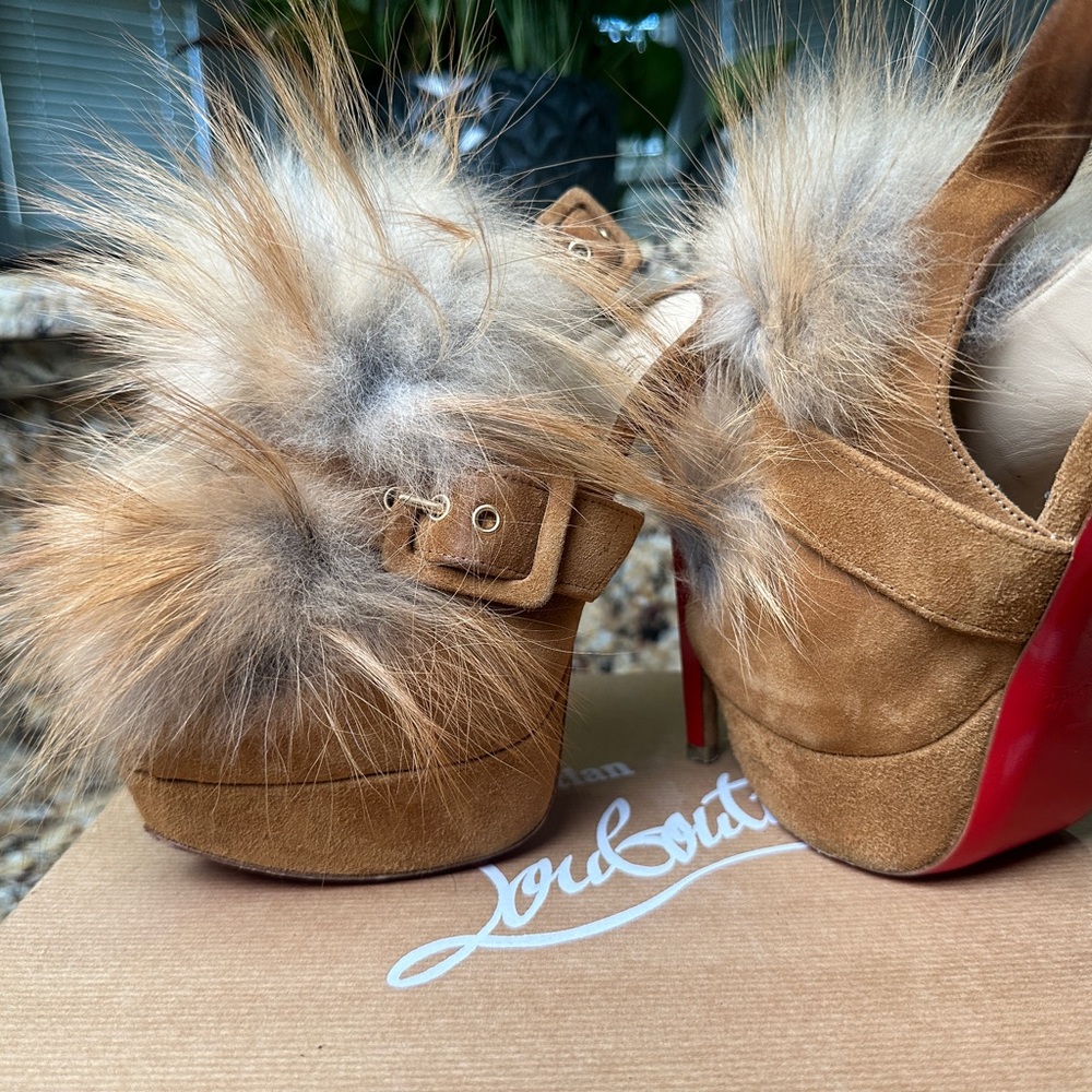 Christian Louboutin Brown Suede Heels with Fur Accent